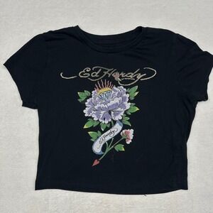 Ed Hardy Kids Black Graphic Tee Glitter Logo Floral Tattoo Shirt Large